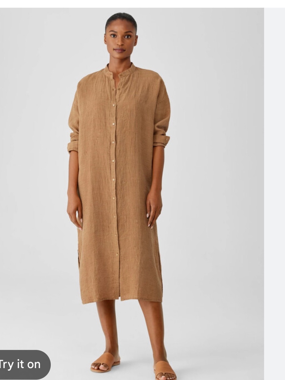 Eileen Fisher Women’s Dress Button Up Brown Orange Plaid Long Sleeve Midi Slits
